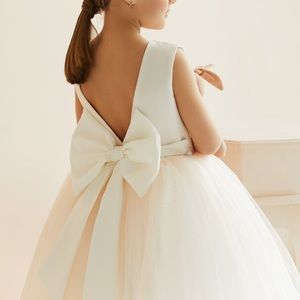 Satin flower girl dress with soft pink glitter tulle & train
